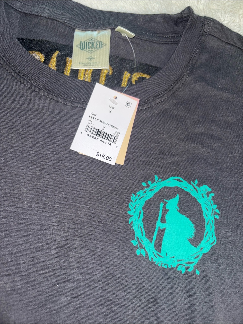 Wicked Elphaba “I Feel Wicked” Short Sleeve Black Tee with Teal & Yellow Graphic - Picture 4 of 5